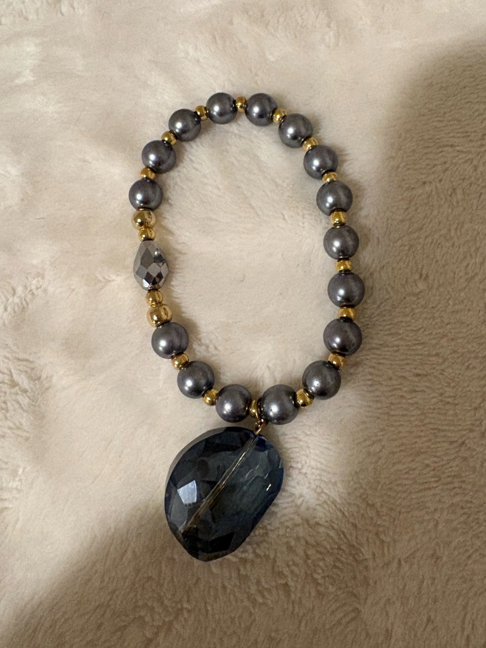 Gold & gray pearls  Beaded Stretch Bracelet with Faceted Accent